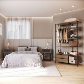 Quarto Estilo Industrial com Guarda Roupa Closet de 2 Gavetas e 2 Mesas de Cabeceira com 1 Gaveta Mel / Grafite