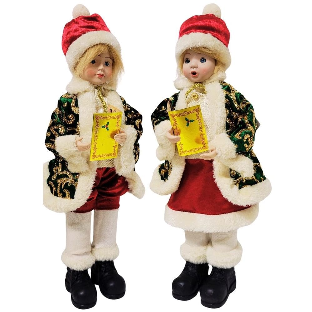 Casal Bonecos Coral Natalino Decorativo Musical à Corda Verde e Dourado Luxo 42cm - Noel Decor