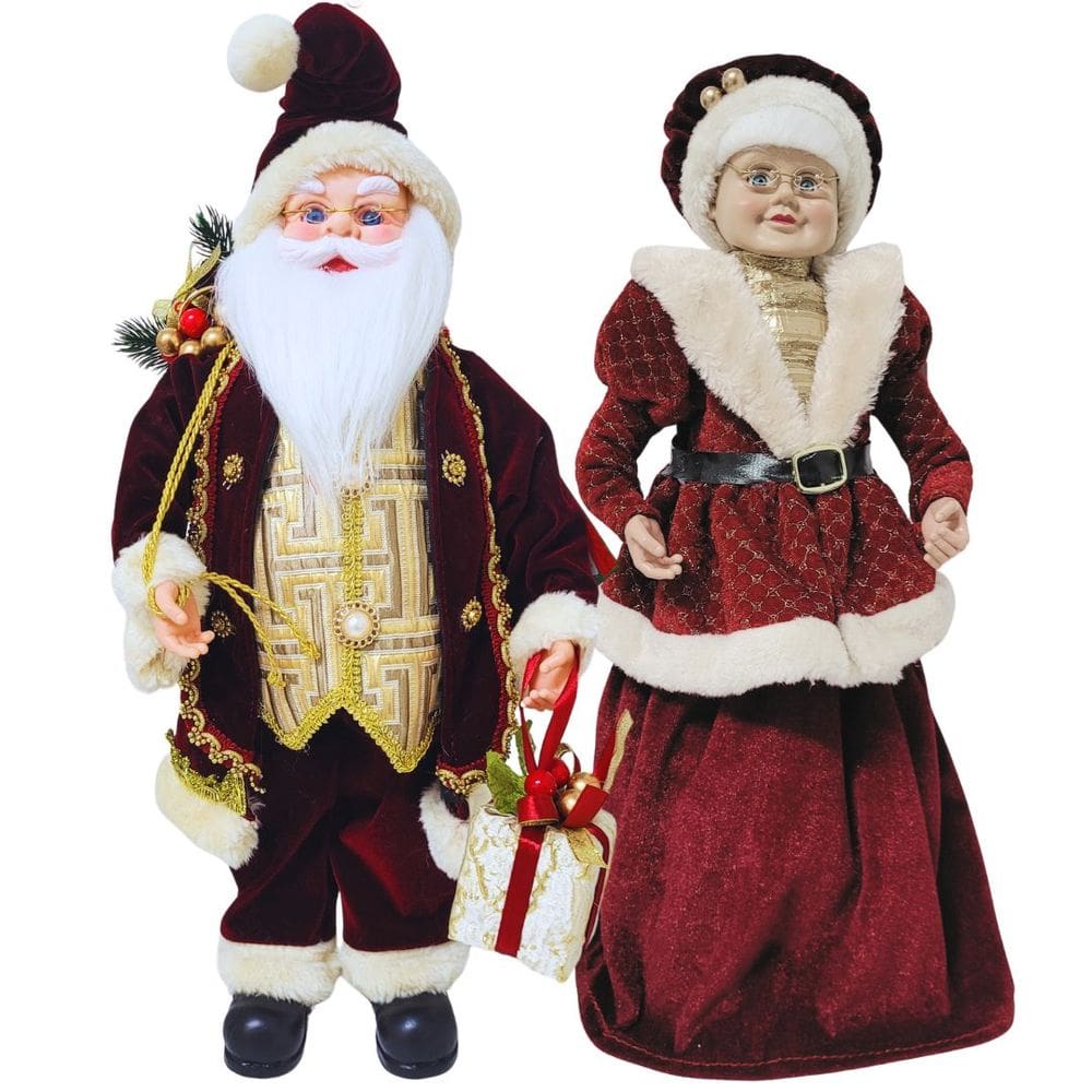 Casal Papai e Mamãe Noel Decorativo 50cm Casaco Luxo Vinho Detalhes Dourado - Noel Decor
