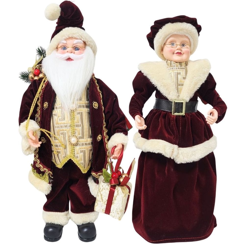 Jogo Casal Papai e Mamãe Noel Decorativo 50cm Casaco Luxo Vinho Detalhes Dourado - Noel Decor