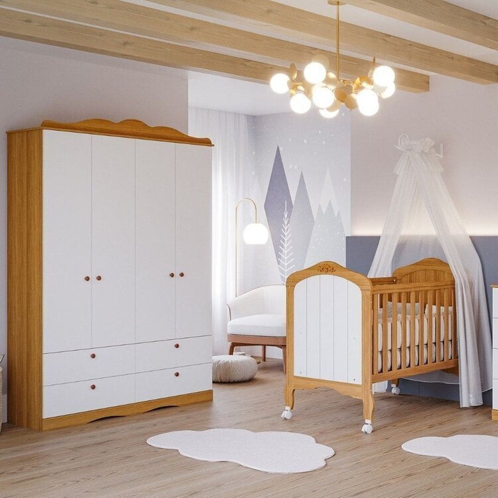Quarto de Bebê 2 Peças com Berço e Guarda-roupa 4 Portas 4 Gavetas Aquarela Espresso Móveis Marrom/Branco