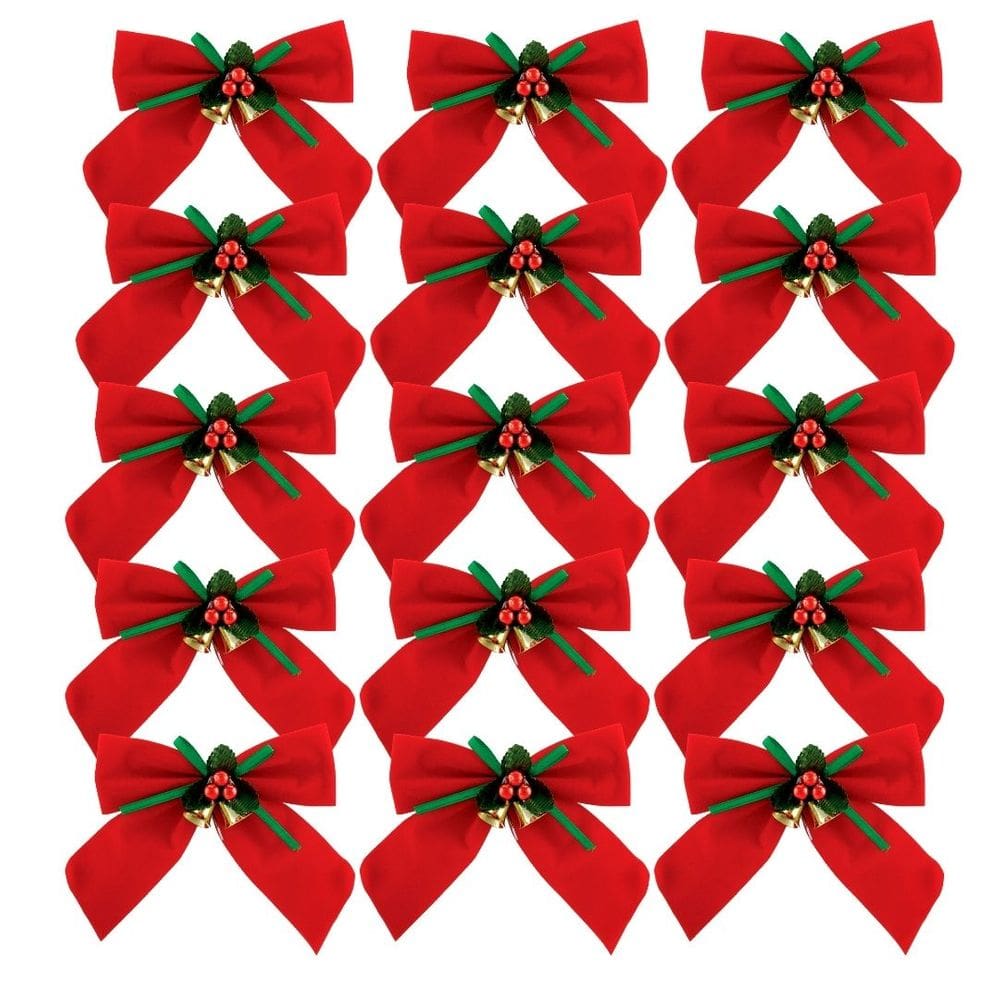 Kit 15 Laços Vermelho Aveludado Decorado Mini Sinos Dourado 11x11cm - Magizi