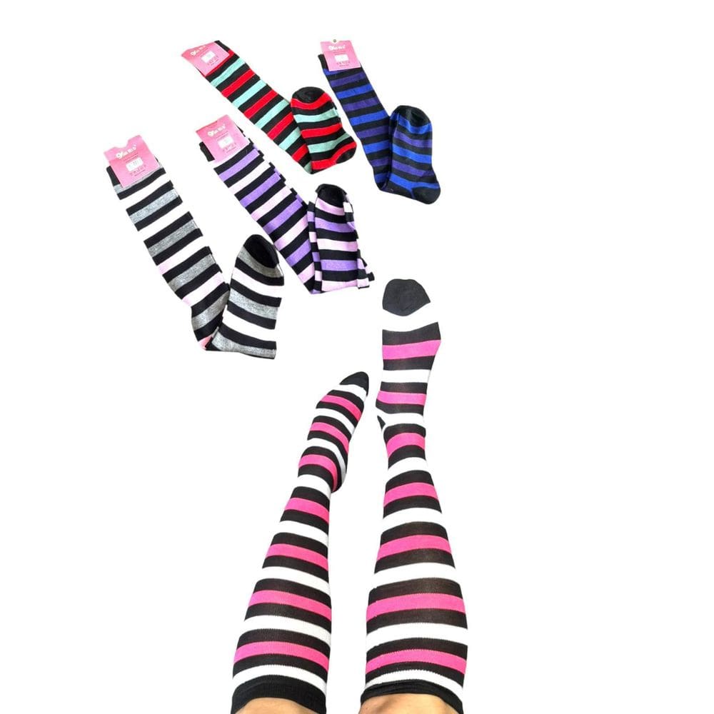 36 Pares Meias Longas Coloridas Listradas Até O Joelho