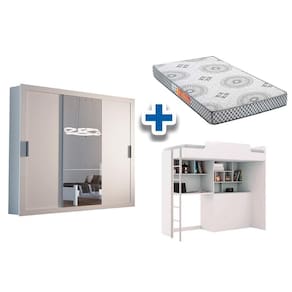 Colchão Pérola Polar (2Un) + Guarda Roupa Veneza Luxo + Beliche Office New Branco