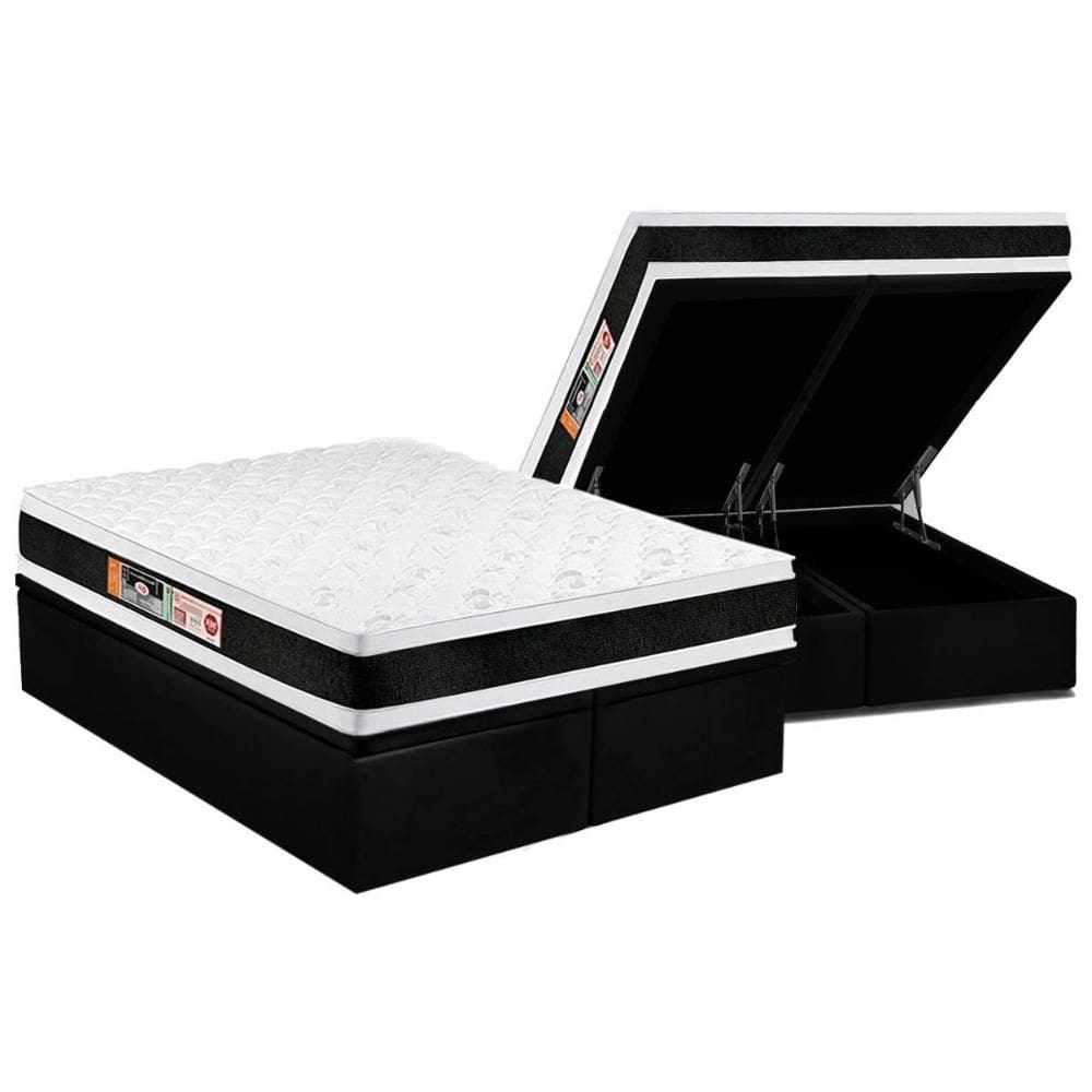 Cama Box Baú King: Colchão Espuma Castor D45 Black e White Air Double Face + Base CRC Suede Black(193x203)