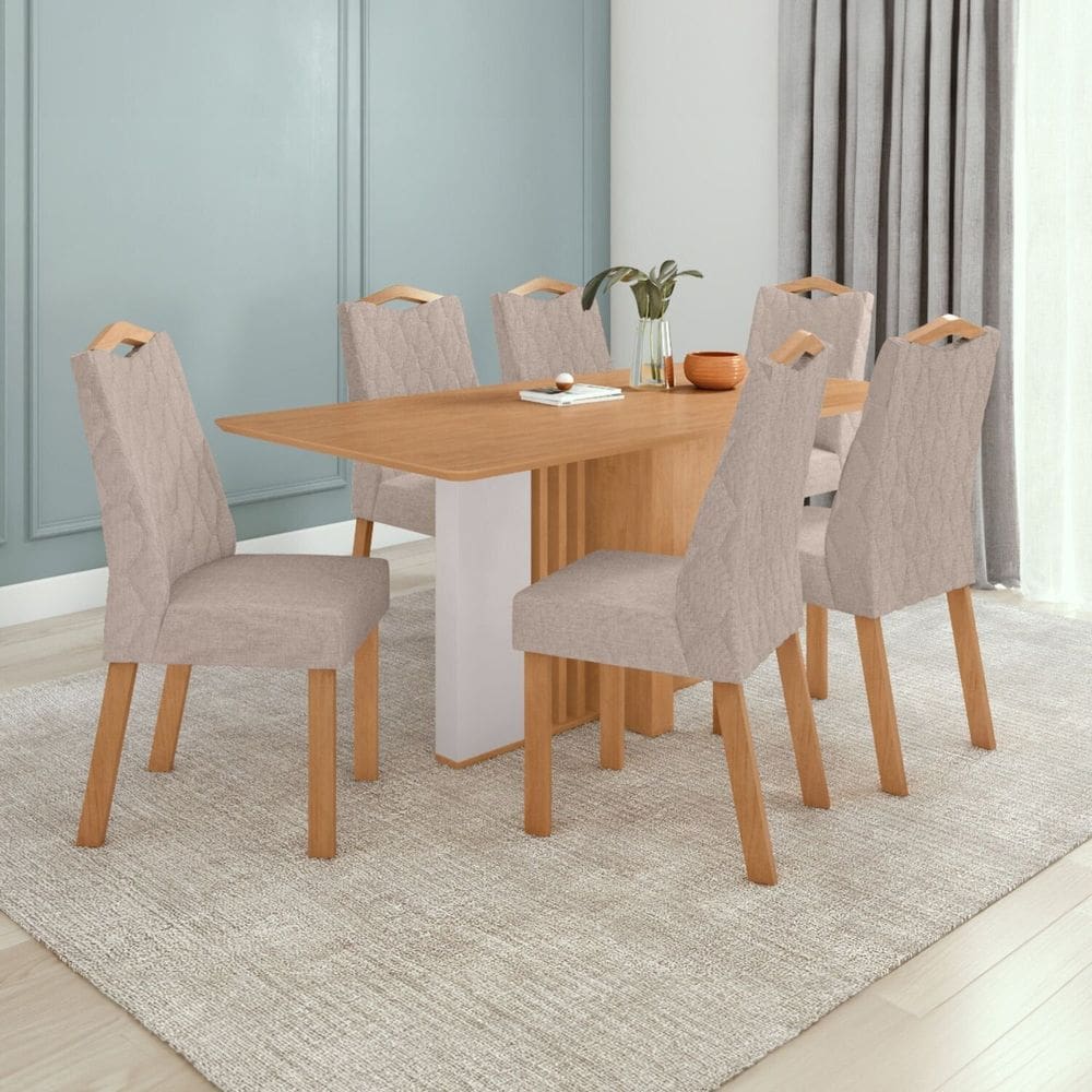 Conjunto Mesa 170cm Astrid Tampo Mdf no Glass e 6 Cadeiras Vênus Amêndoa /Off White/Bege