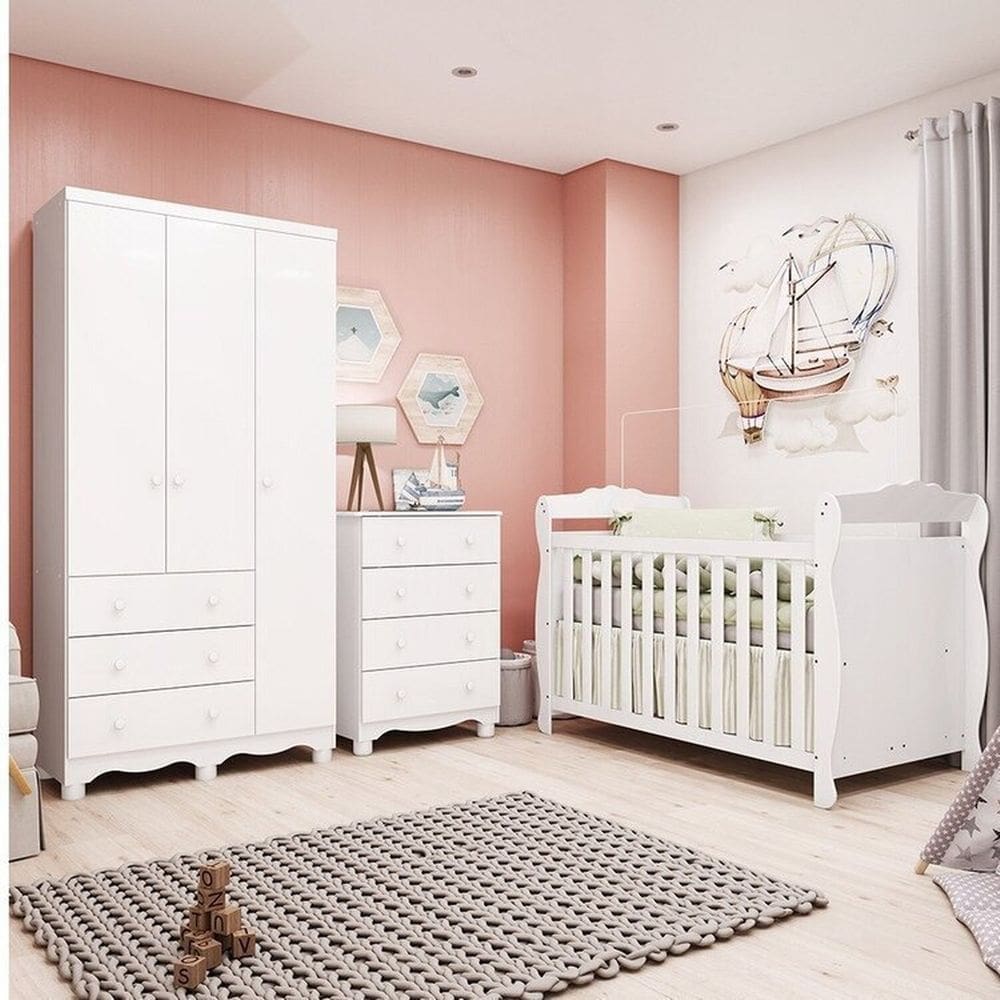 Quarto de Bebê Completo com Guarda-roupa 3 Portas e Cômoda e Berço Nina 100% Mdf Espresso Móveis Branco Brilho