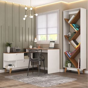 Escritório Completo Desk com Escrivaninha em L com 2 Portas e Estante para Livros Branco/Nogal