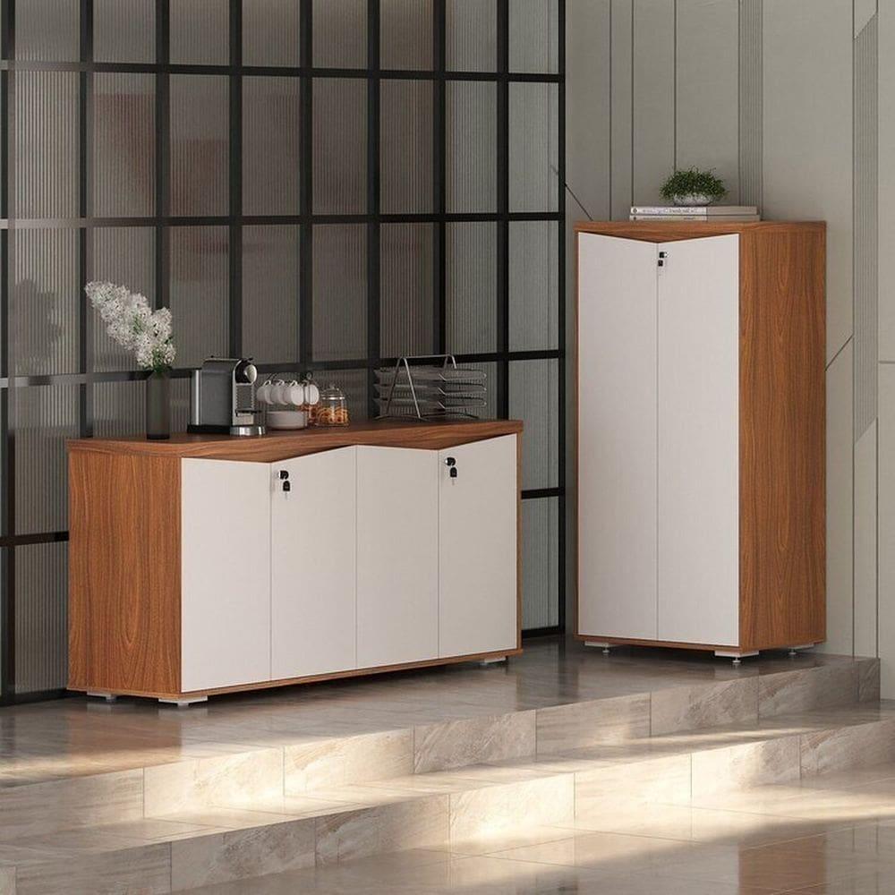 Kit 2 Peças com Balcão Organizador 4 Portas e Armário Multiuso 2 Portas Freijó/Branco