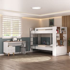 Quarto Juvenil completo Zest com Beliche e Escrivaninha 2 Gavetas Branco/Nogal