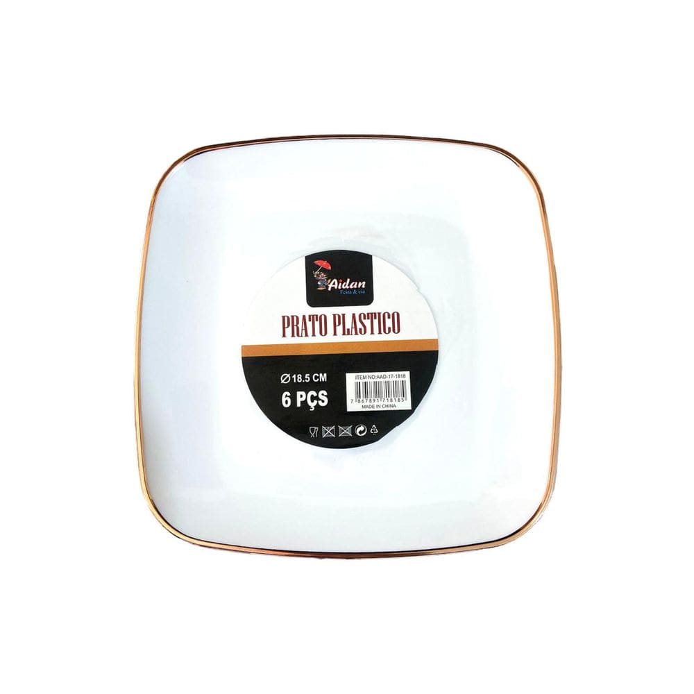 Kit 12 Pratos Quadrados Acrílico Luxo Borda Rosê 18Cm Festa