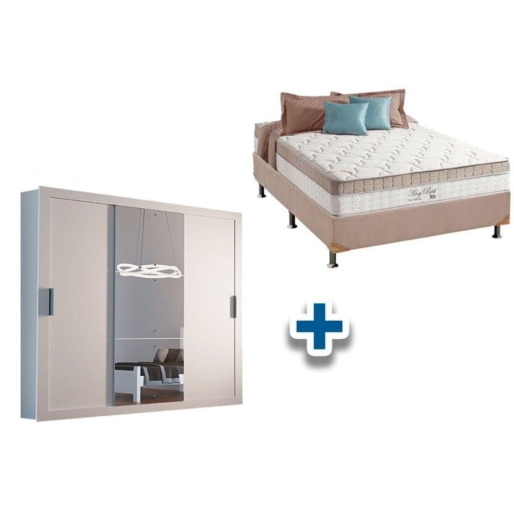 Cama Box Casal + Colchão King Best + Guarda Roupa Veneza Luxo Branco
