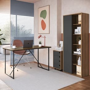 Escritorio Home Office 3 Itens com Mesa Office Noce Oro , Gaveteiro 4 Gavetas e Livreiro Mel / Grafite