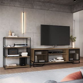 Sala de Estar Completa com 2 Itens Rack Tv 60 Polegadas com Porta Industrial e Estante Media Telada Preto / Mel