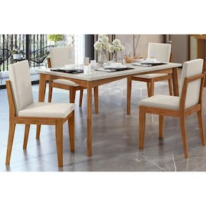 Sala de Jantar Completa Monalisa c/ Tampo Madeirado c/ Vidro 160cm+ 4 Cadeiras Lady Natural - Nesher