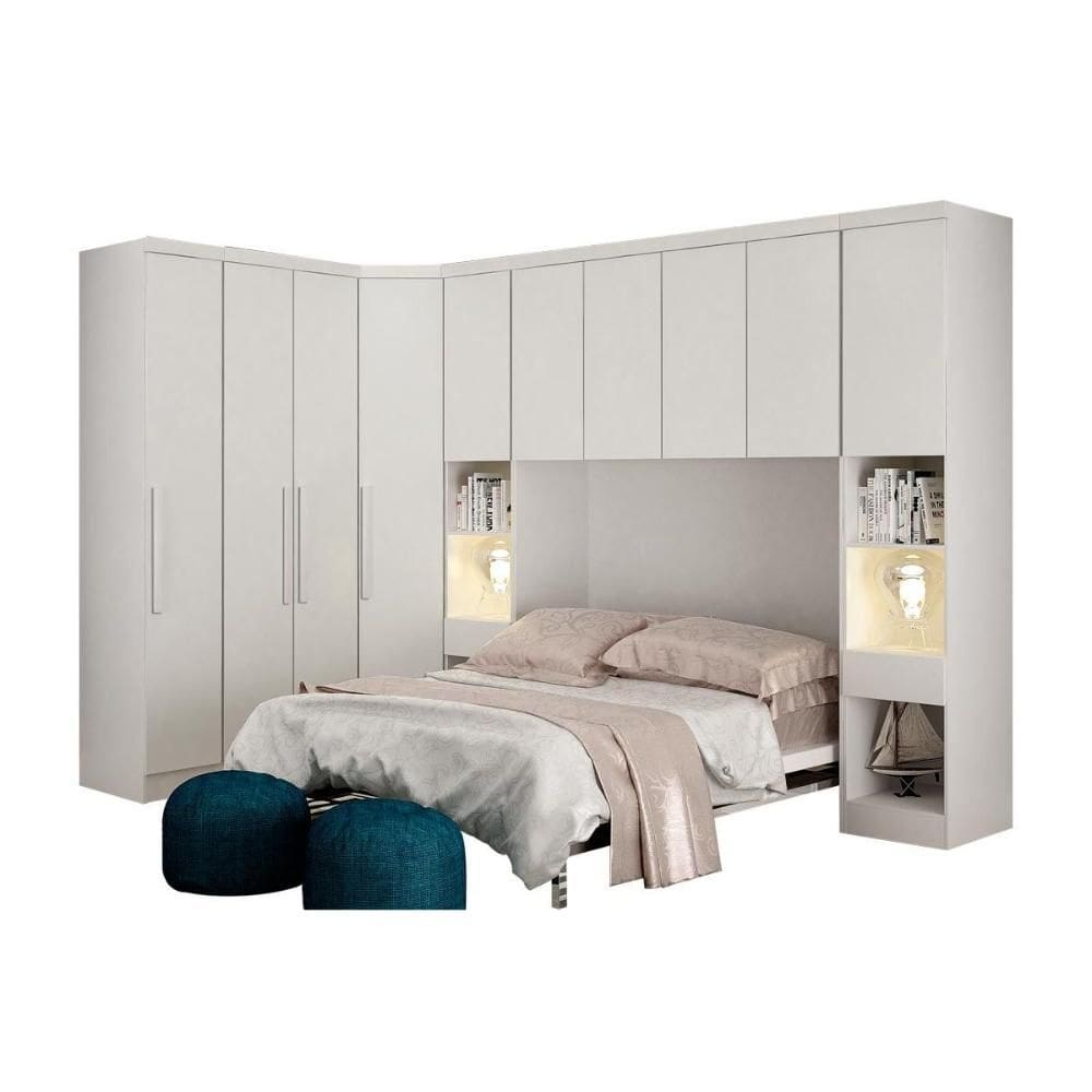 Quarto Modulado Casal Rizon 6 Peças (1 Armário Ponte + 1 Closet + 2 Guarda Roupas + 2 Complementos) QCM02 Branco - Novo Horizonte