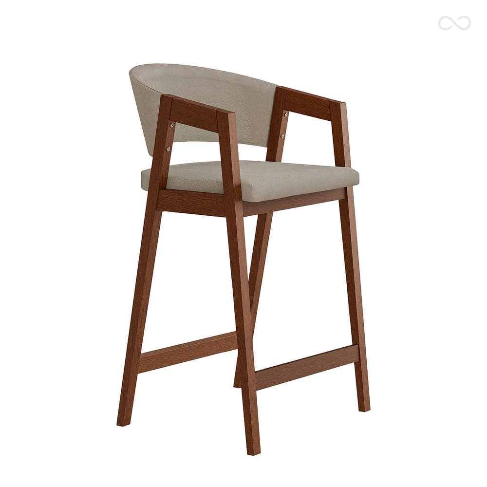 Banqueta Alta para Balcão Ravena em Madeira Maciça Pinhão Suede Bege CCS