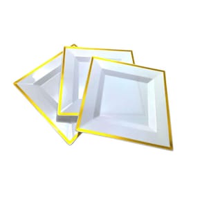 Kit 24 Pratos Luxo Acrílico Quadrado Borda Dourada 16,5Cm