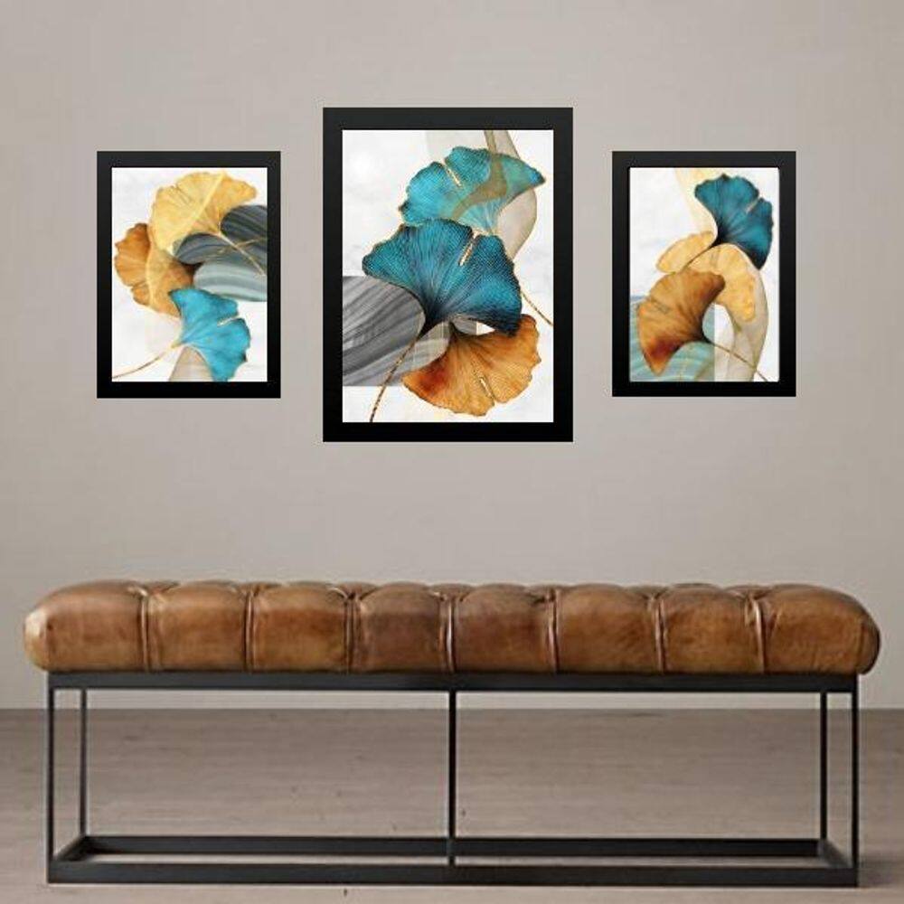 Set 3 Quadros Folhas Azul Com Dourado