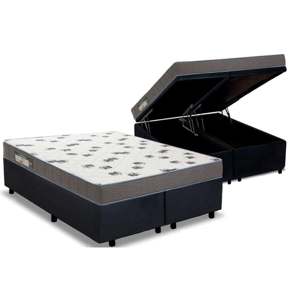 Cama Box Baú King: Colchão Espuma Ortobom D33 Light Saúde + Base CRC Suede Black(186x198)