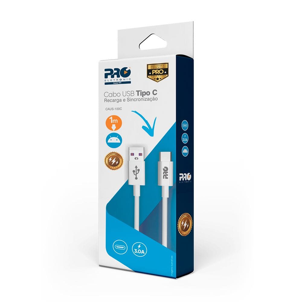 Cabo de Dados e Carregamento USB C 3A 1 Metro Pro Eletronic CAUSB-100C
