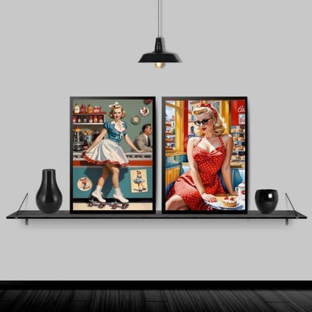 Kit 2 Quadros Lanchonete Vintage 45X34Cm - Com Vidro