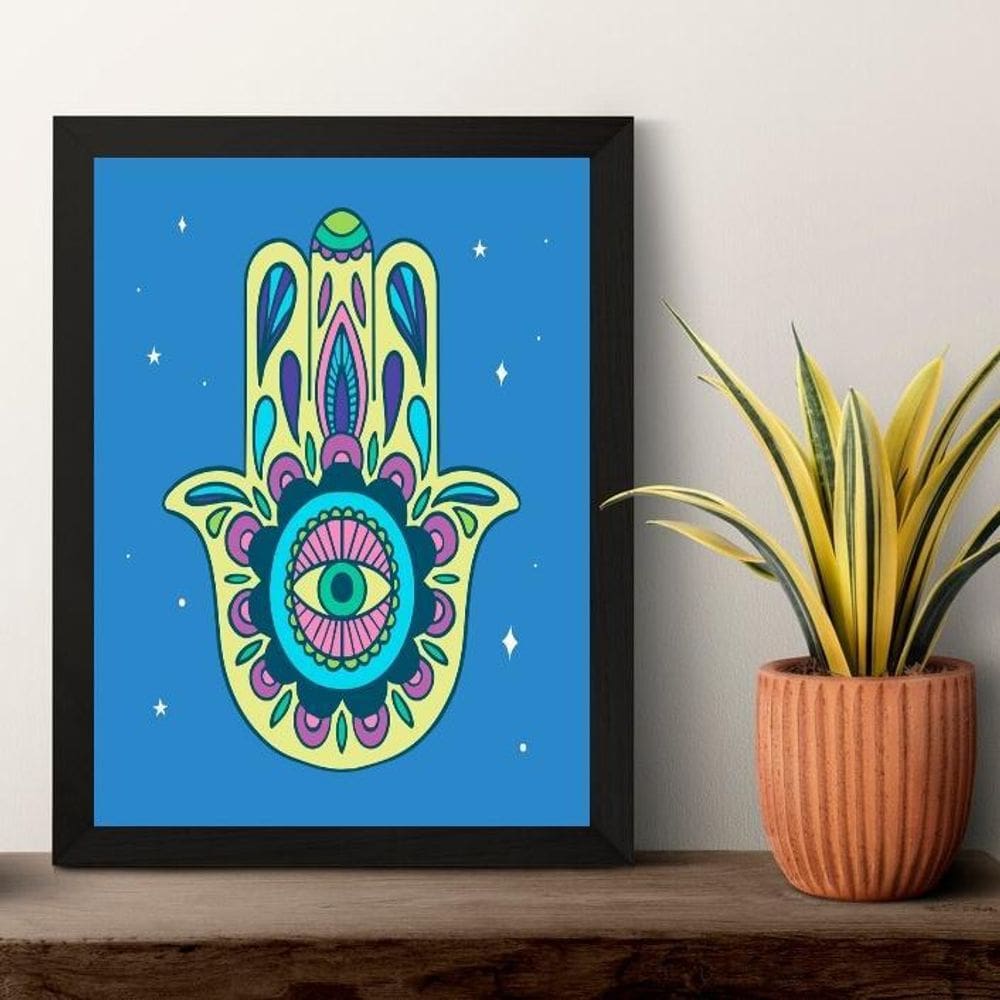 Quadro Esotérico Olho Grego E Hamsa - Azul 24X18Cm - Vidro