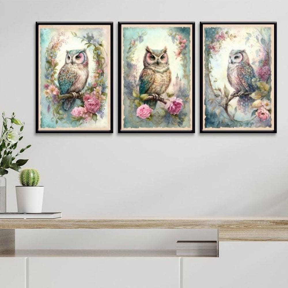 Kit 3 Quadros Decorativos Coruja Vintage 45X34Cm
