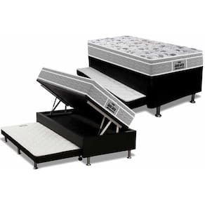 Cama Box Baú c/Auxiliar Solteiro: Colchão Espuma Probel D45 / EP Guarda Costas PróExtreme Plus Euro Pillow + Base CRC Courano Black(88x188)