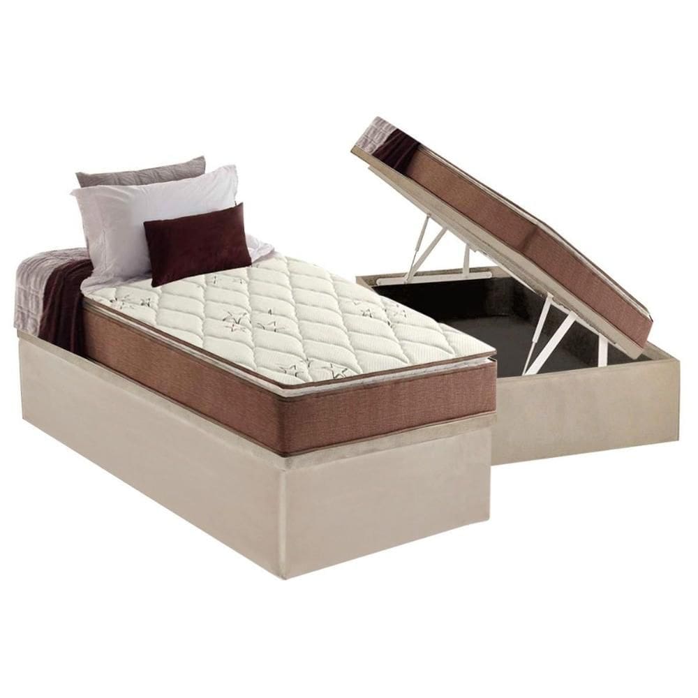 Cama Box Baú Solteiro: Colchão Espuma Anjos D28 / AG65 Star Pillow Top + Base CRC Suede Clean(88x188)