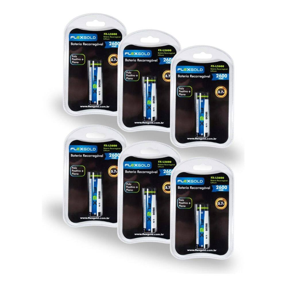 Bateria Recarregavel Flexgold 18650 3.7v 2600mah 6 UNIDADES
