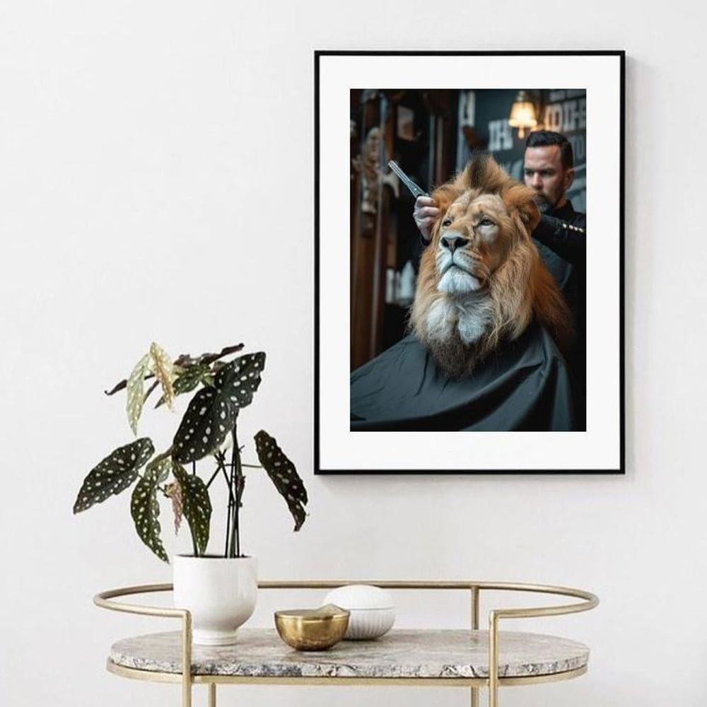 Quadro Leão Na Barbearia - 60X48Cm