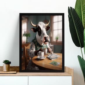 Quadro Decorativo Vaca Tomando Café 24X18Cm