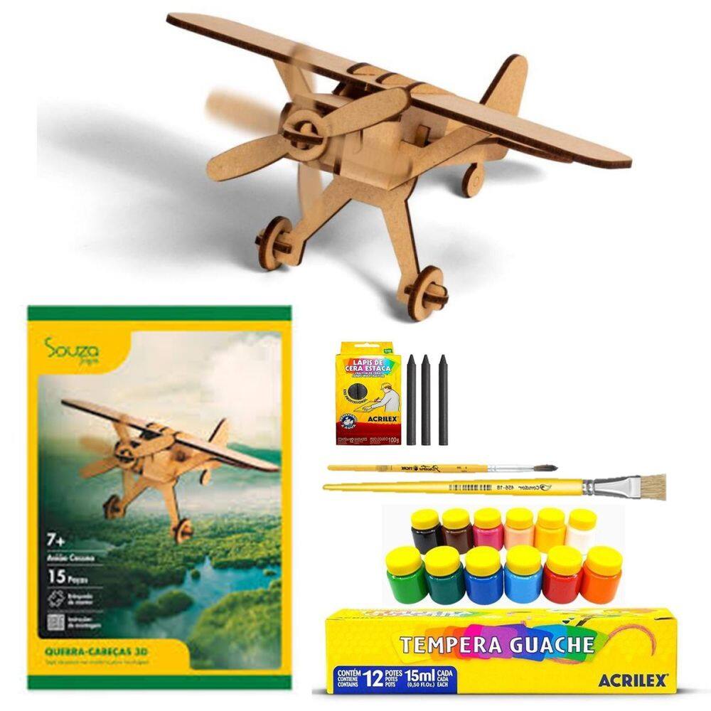 Quebra-Cabeça Avião Cessna + 12 Tinta Guache E Giz Marcação