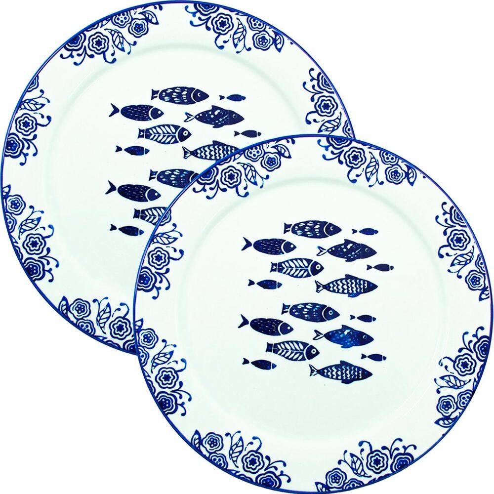 Jogo Prato Raso Jantar 10 Pessoas 10Pçs Peixe Mar Praia 31cm