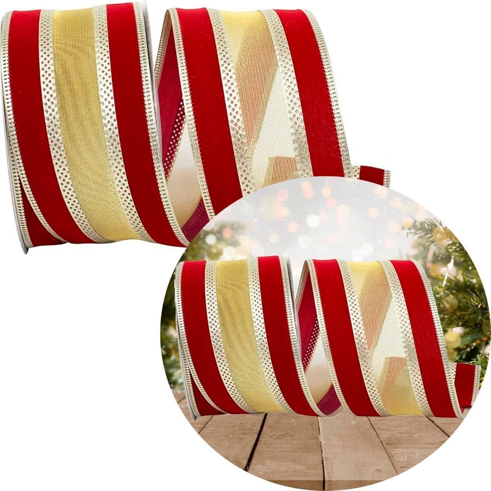 Kit 2 Fita Aramada Natal Enfeite Vermelho Ouro 914cm x 6,3cm