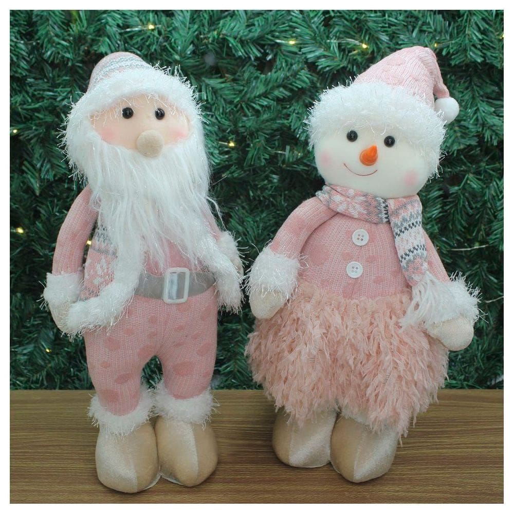 Dupla Boneco Natalino Papai Noel e Boneco De Neve Rosa