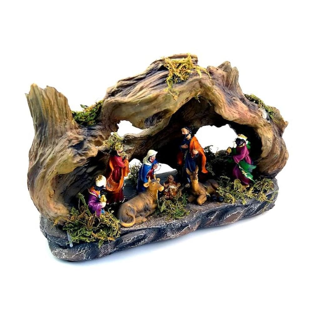 Escultura Decorativa Iluminada Presépio Gruta Resina Rústica