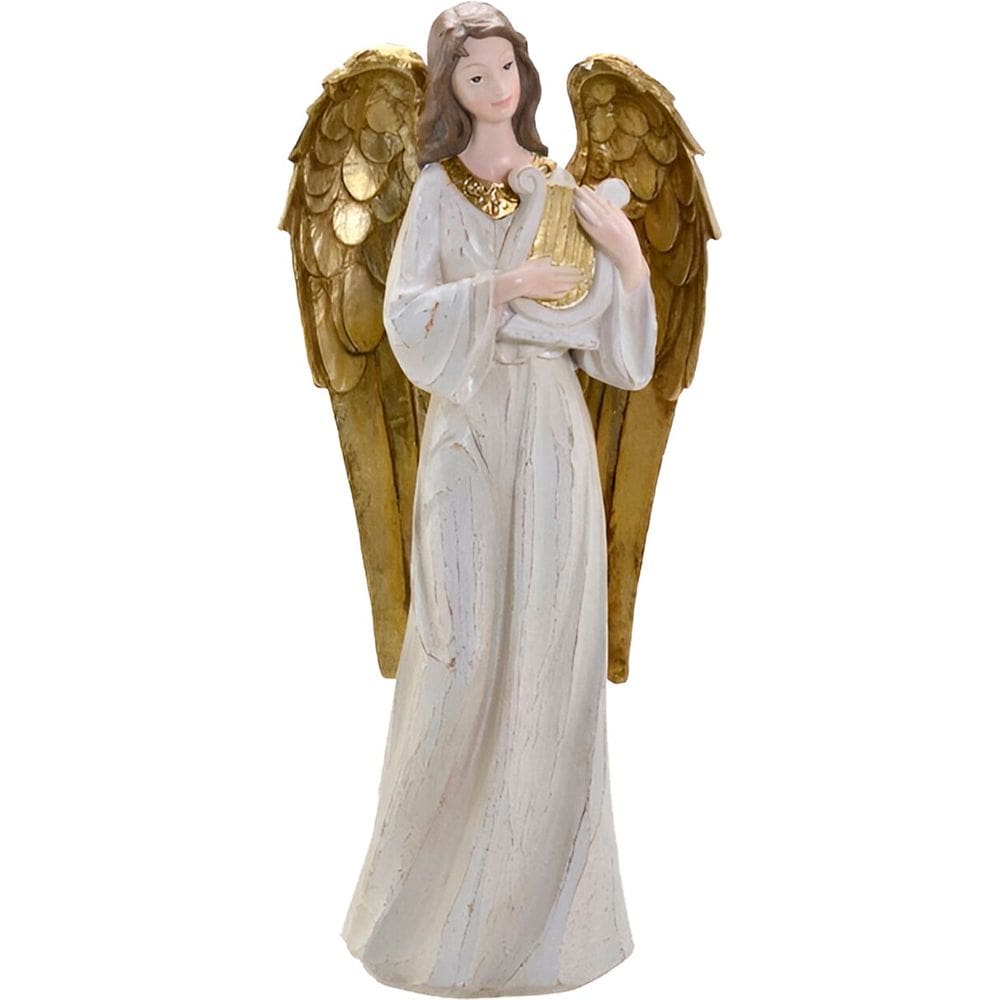 Decoração Anjo Musico Harpa Ouro Resina Natal Enfeite 38cm