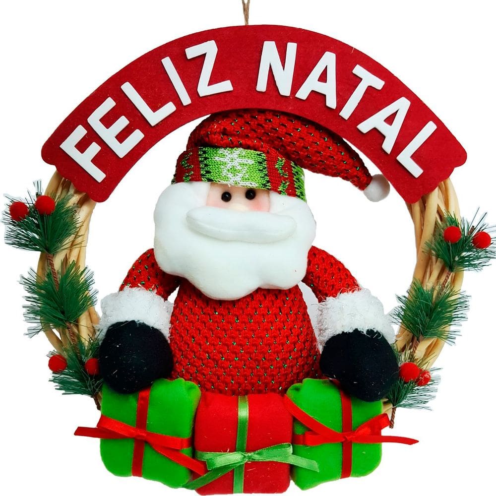 Guirlanda Natalina Feliz Natal Em Madeira 33cm Papai Noel