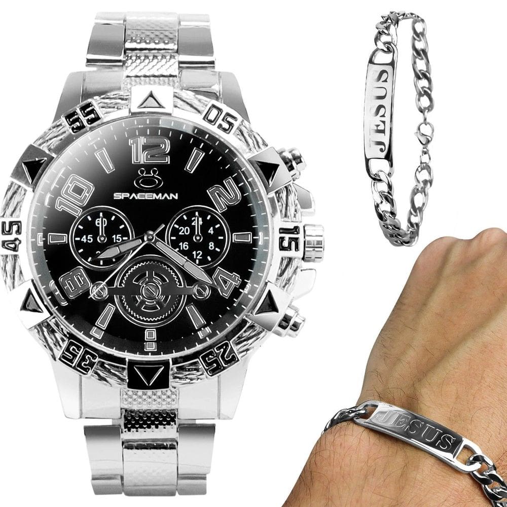 Relogio masculino aço inoxidavel prata + pulseira pai nosso