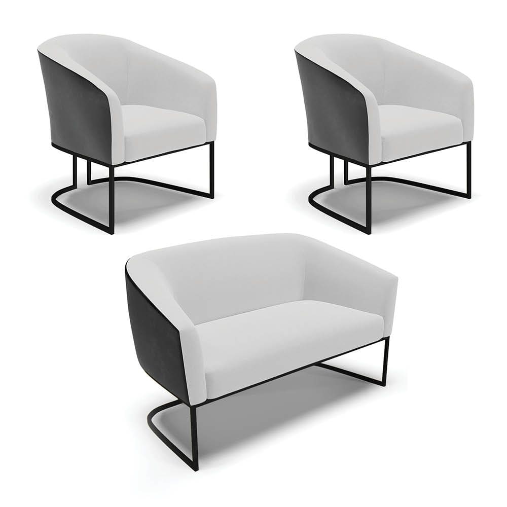Namoradeira e 2 Poltronas Industrial Preto Stella Pto/Linho Cinza D03 - D`Rossi