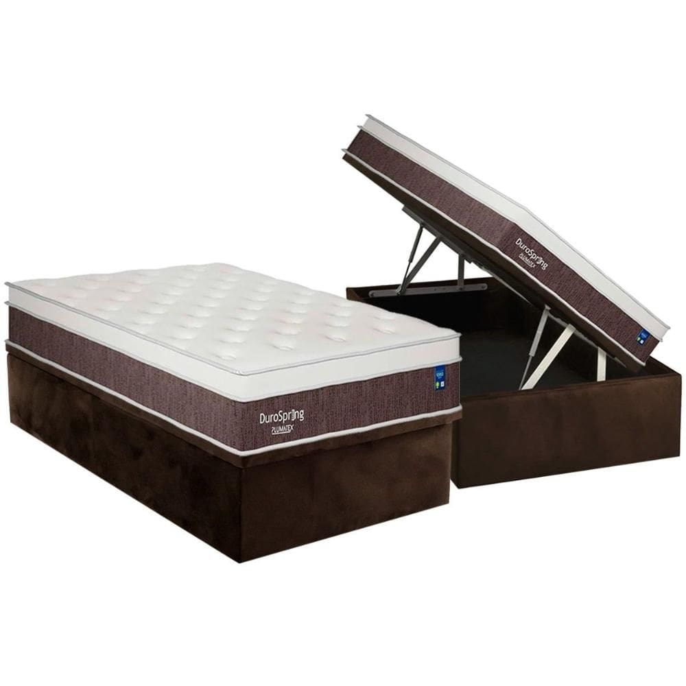 Conjunto Box Baú Solteiro: Colchão Molas Plumatex Superlastic DuroSpring + Base CRC Suede Brown(88x188)