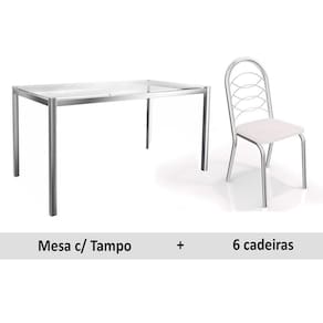 Conjunto: Mesa Sala Jantar Reno c/ Tampo de Vidro 150cm + 6 Cadeiras Holanda Cromado/Courano Branco - Kappesberg