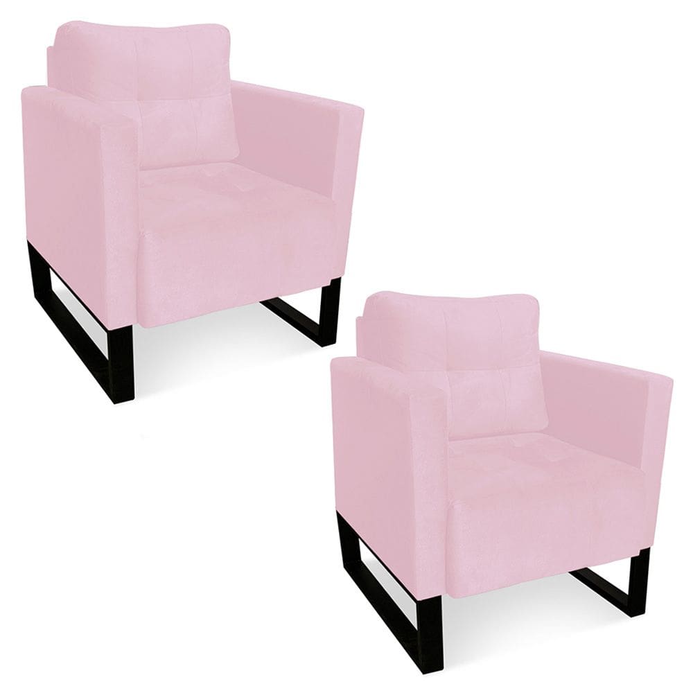 Kit 2 Poltronas Livia Suede Rosa Bebê Base Industrial Preto - D`Rossi