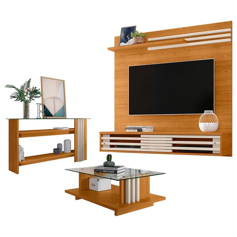 Estante Home Theater Suspenso com Aparador e Mesa de Centro Frizz Sublime Cinamomo Off White - Madetec