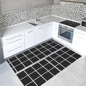 Tapete Cozinha 3 Peças Jacquard Antiderrapante Grid Preto