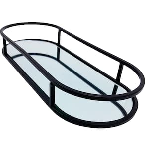 Bandeja Oval Espelhada Metal Preto Lavabo Multiuso 30x12cm
