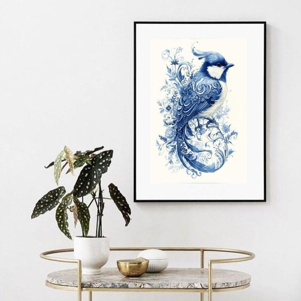 Quadro Passarinho Floral Azul - 60X48Cm