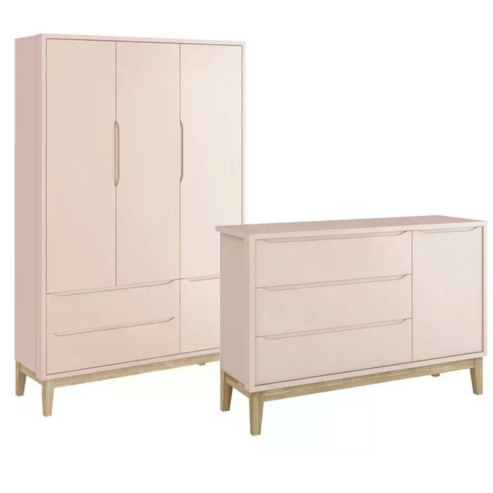Jogo De Quarto Classic Guarda Roupa 3 Portas E Cômoda Rosa Fosco Com Pés Madeira Natural - Reller Móveis Rosa Fosco